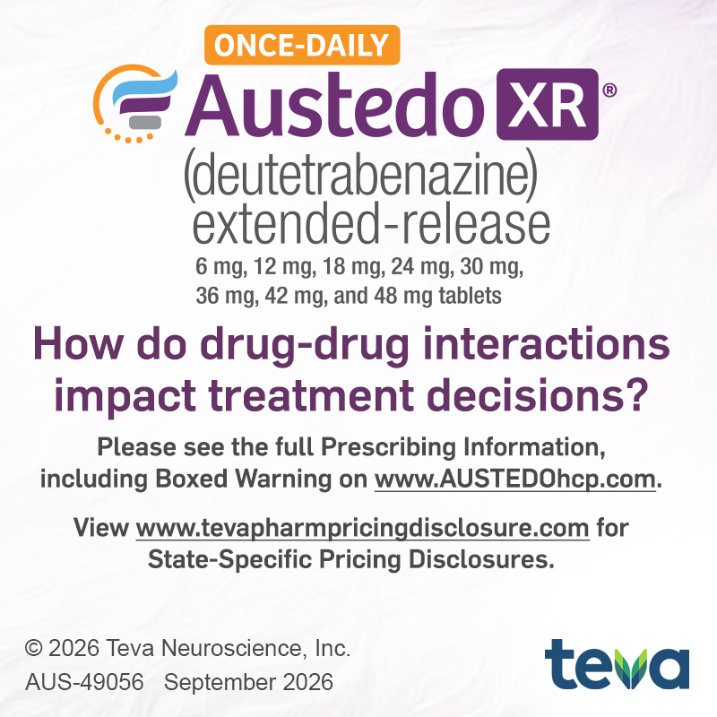 ONCE-DAILY  Austedo XR®  (deutetrabenazine) extended-release, How do drug-drug interactions impact treatment decisions?  Please see the full Prescribing Information, including Boxed Warning on www.AUSTEDOhcp.com.