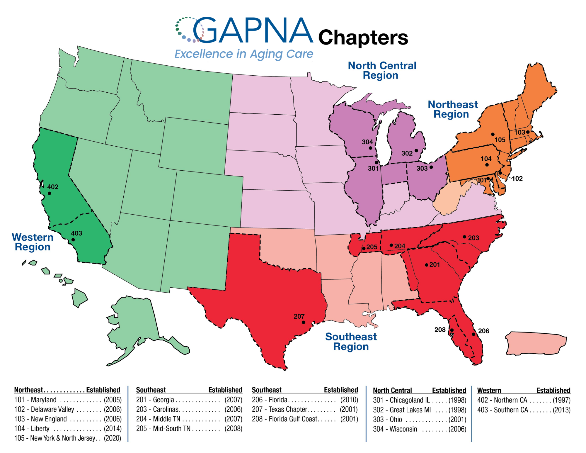 Map of GAPNA Chapters by geographic region in the US.
